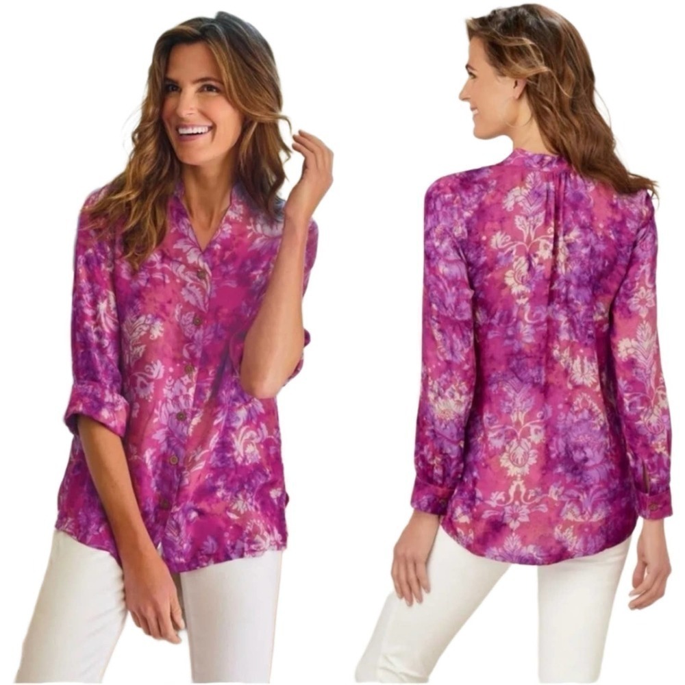 Soft Surroundings Big Island Shirt in Purple Tie Dyed Hawaiian Size Petite Small